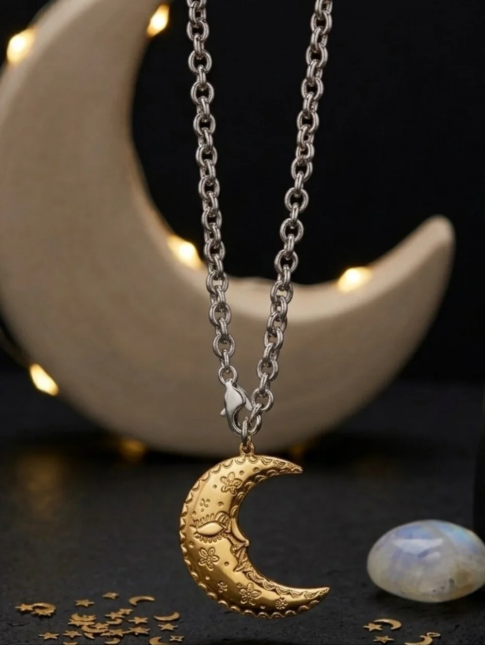 Crescent Moon Pendant Necklace 18K Gold Silver SS Two-Tone Celestial Witchy 18